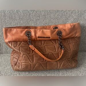 Adolfo Dominguez Tan and Orange Shoulder Bag with Geometric Stitching